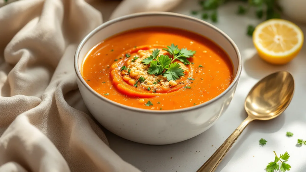Rote-Linsen-Suppe mit Tomate, Kreuzkümmel und frischem Koriander