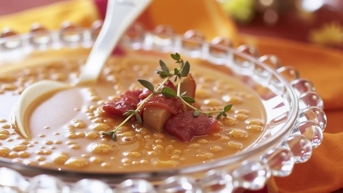 Rote Linsensuppe mit knusprigem Speck