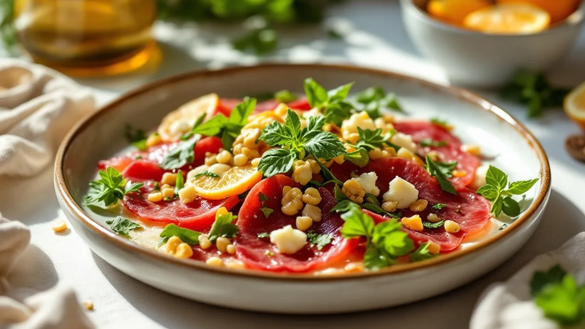 Rote-Bete-Carpaccio mit Walnüssen, Rucola und Orangenvinaigrette