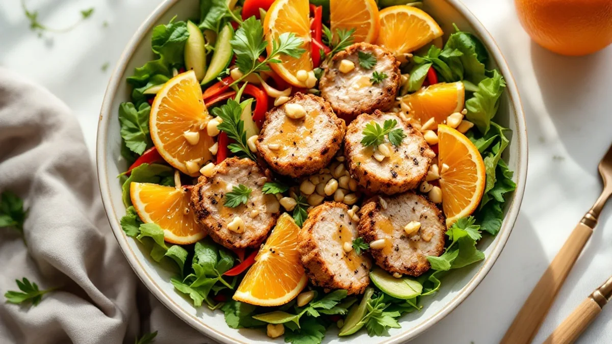 Protein-Bowl mit Kurkuma-Hähnchen, roten Linsen und Kokos-Orangen-Dressing