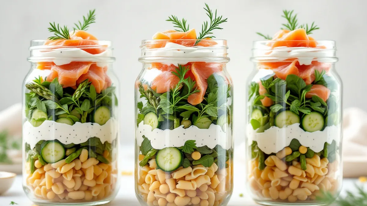 Schichtglas mit Kichererbsennudeln, Räucherlachs und grünem Spargel