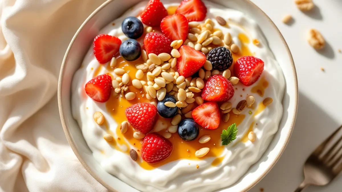Sanddorn-Joghurt-Parfait mit Hirse und Kürbiskernkrokant