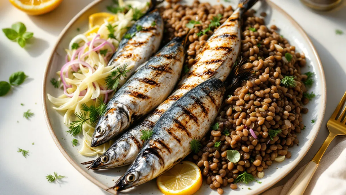 Gegrillte Sardinen mit Linsen-Fenchel-Salat und Blutorangenvinaigrette — Vier gegrillte Sardinen mit Linsen, Fenchel-Zwiebel-Salat, Dill und Zitronenscheiben