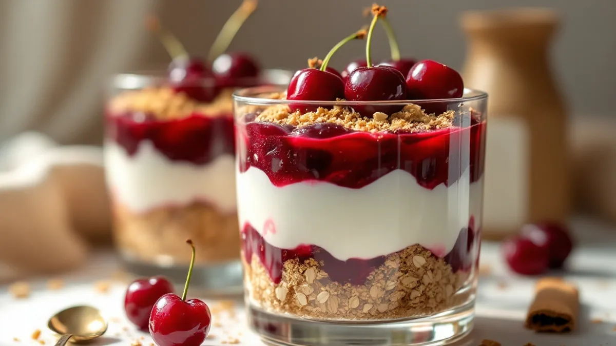 Sauerkirsch-Quark-Schichtdessert mit Haferknusper