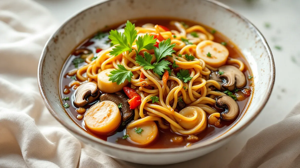 Začinjena Miso-Ramen s prepeličjim jajetom, shiitake-gljivama i mladim lukom