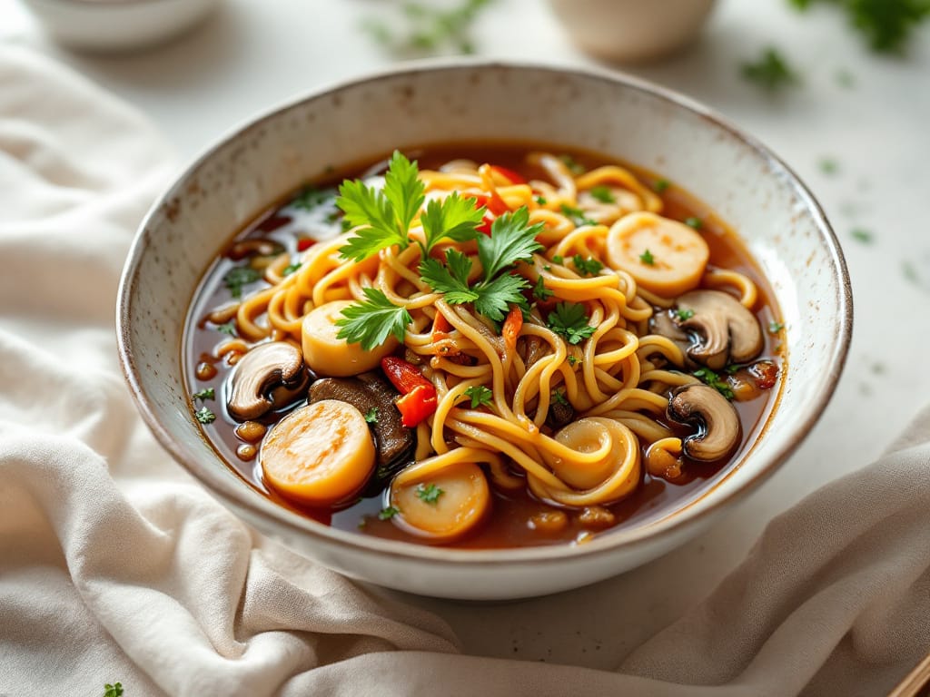 Würzige Miso-Ramen mit Wachtelei, Shiitake und Frühlingszwiebeln