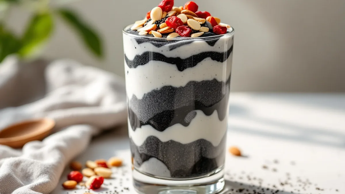 Schwarze Sesam-Mandel-Mousse mit Goji-Beeren