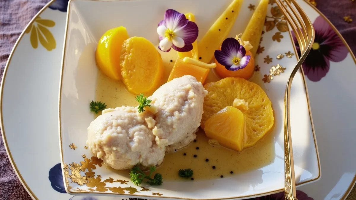 Seeteufelfilet auf buntem Gemüsebett mit Kokos-Curry-Schaum