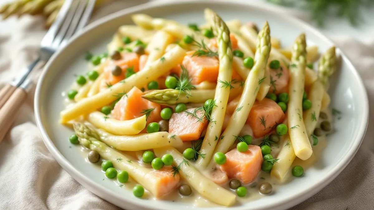 Spargel-Lachs-Ragout mit Kapern und frischem Dill