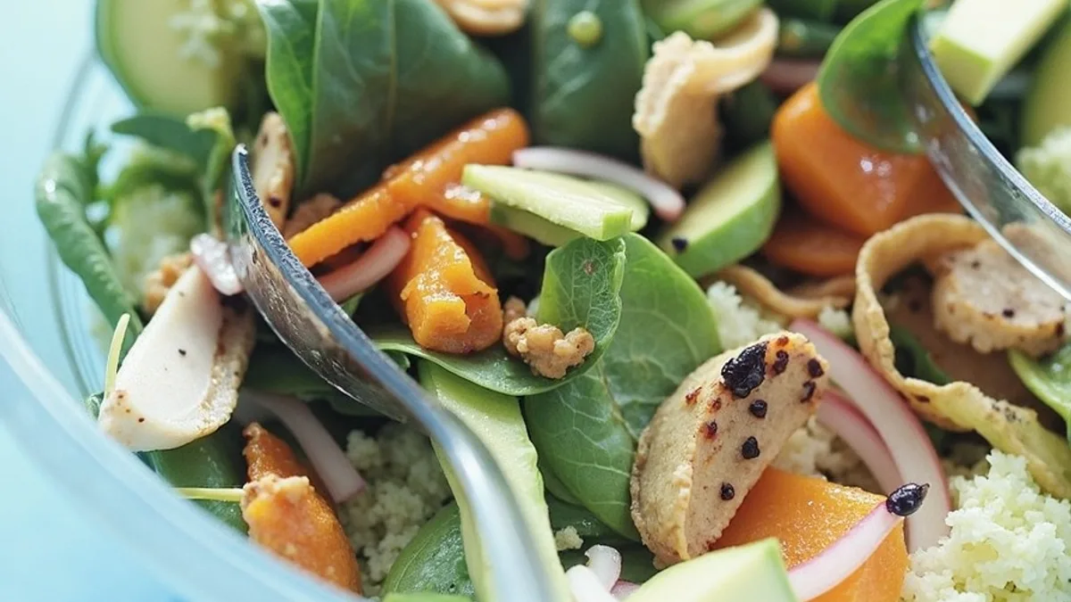 Spinat-Papaya-Salat mit gebratenem Hähnchen und karamellisierten Fenchelsamen
