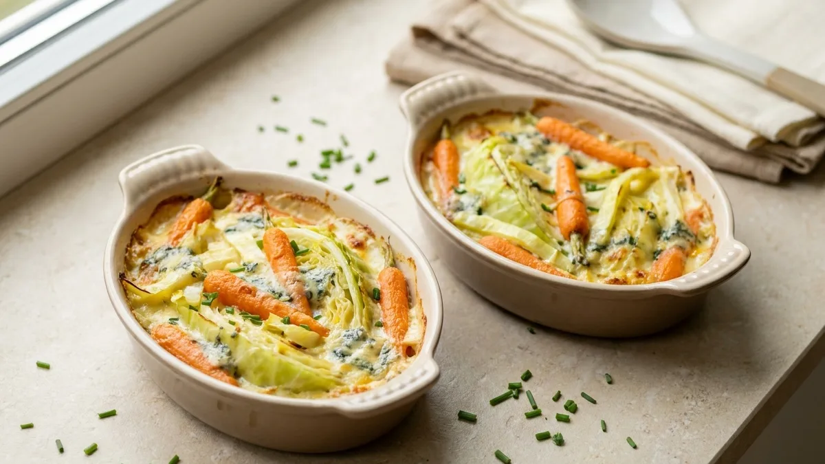 Spitzkohl-Möhren-Gratin mit Gorgonzola-Schmand-Sauce