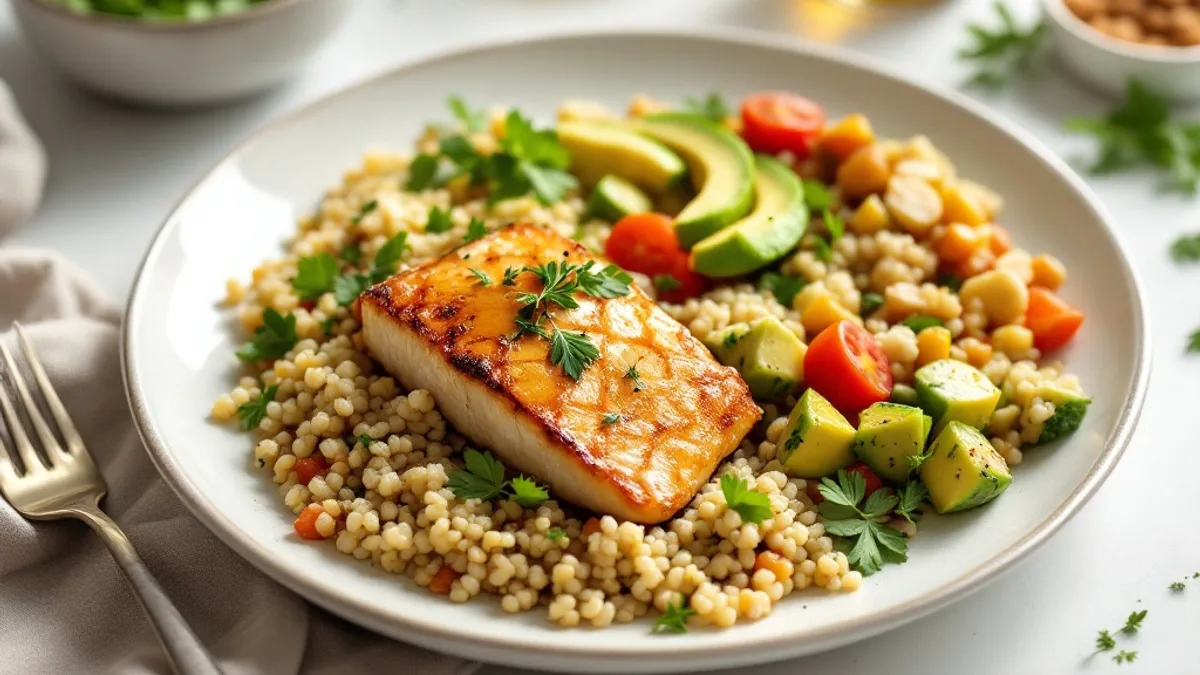 Ofenlachs mit bunter Quinoa, Kichererbsen und Avocado