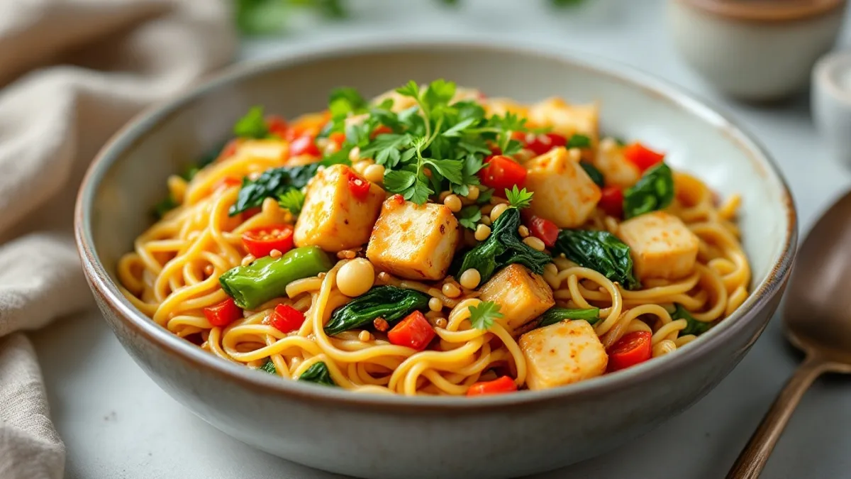 Knuspriger Tofu mit Wok-Gemüse und Reisnudeln