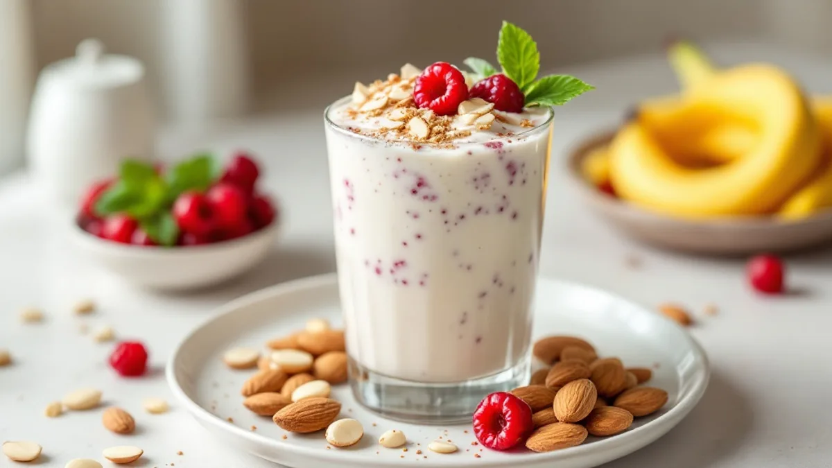 Traubenkern-Mandel-Shake mit roten Johannisbeeren