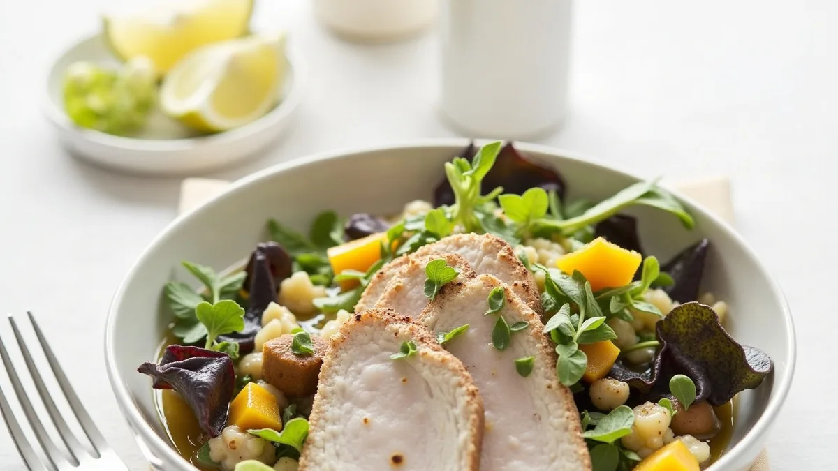 Bunter Hähnchensalat mit Mango, Zuckerschoten und Limetten-Sesam-Dressing