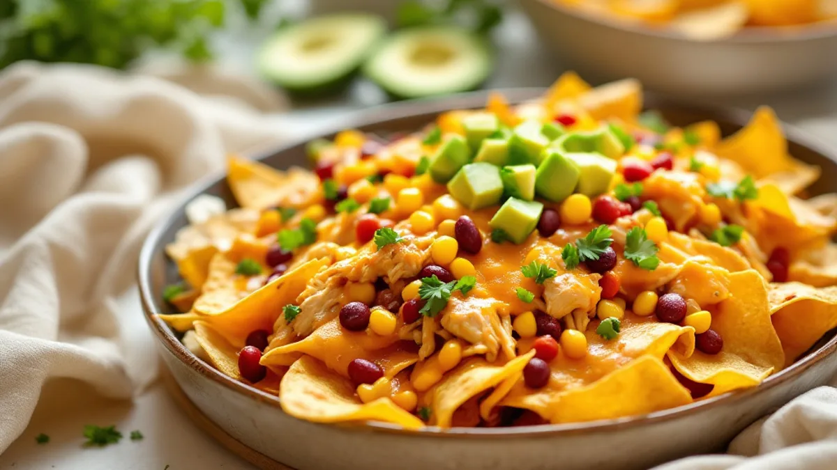 Überbackene Tortilla-Chips mit Hähnchen, Kidneybohnen und Avocado