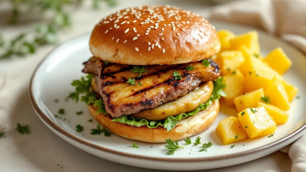 Vollkorn-Burger mit Putenhackfleisch und gegrillter Ananas
