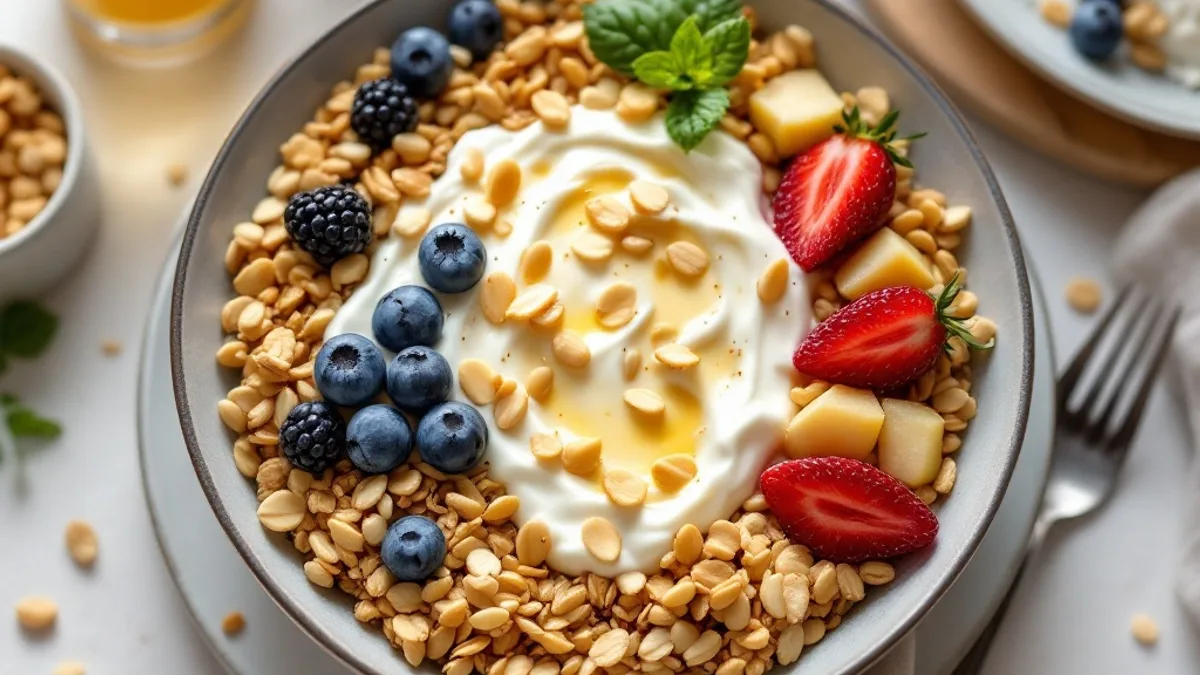 Geröstetes Vollkorn-Knuspermüsli mit frischen Beeren und Joghurt