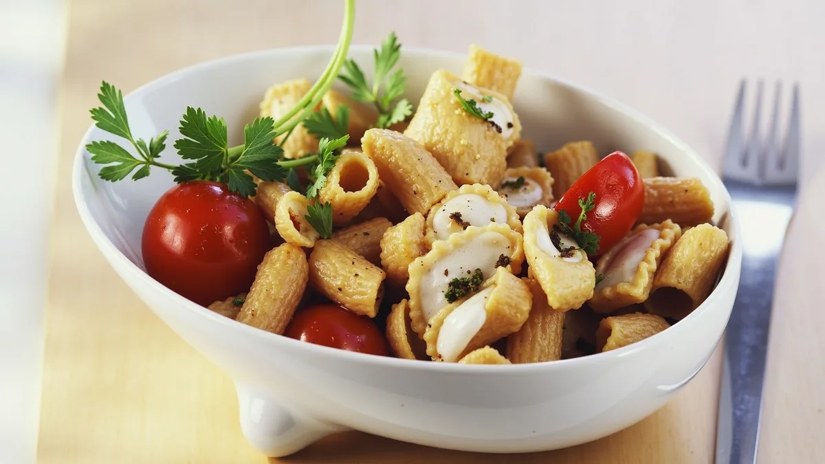 Vollkornpenne mit Champignon-Tomaten-Sauce und Petersilien-Sahne