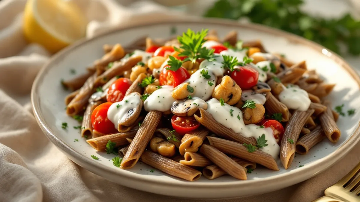 Vollkornpenne mit Champignon-Tomaten-Sauce und Petersilien-Sahne