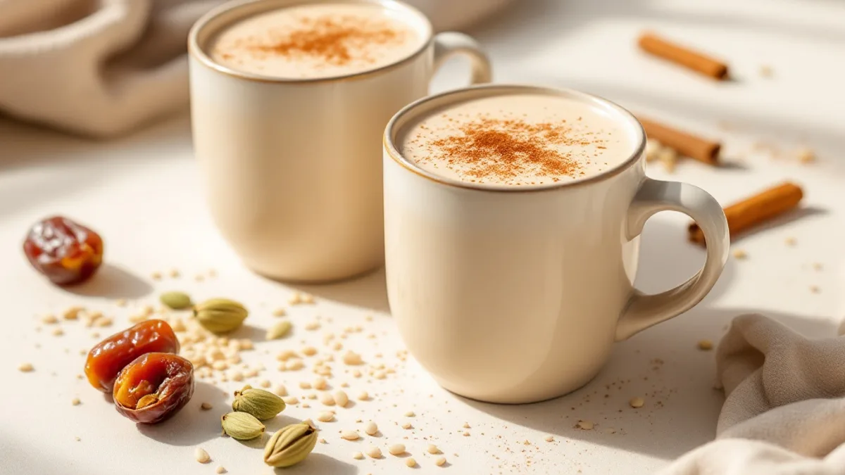 Warme Dattel-Sesam-Milch mit Zimt und Kardamom