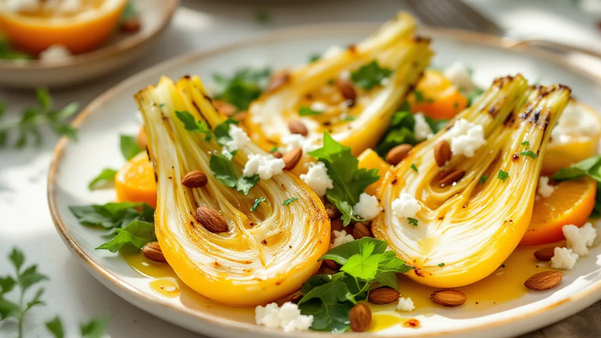 Warmer Fenchel-Orangen-Salat mit gerösteten Mandeln und Ziegenkäse — Teller mit gebratenen Fenchelhälften, Orangenscheiben, Ziegenkäse, Mandeln und Rucola