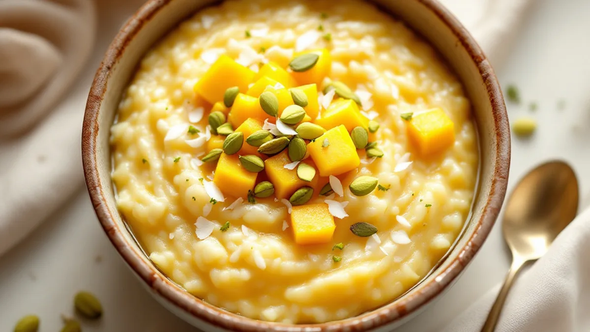 Warmer Kurkuma-Kokos-Reispudding mit Mango und Pistazien