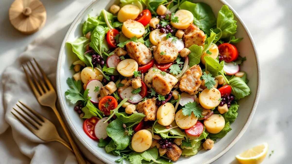 Warmer Linsensalat mit geräuchertem Forellenfilet und Radieschen