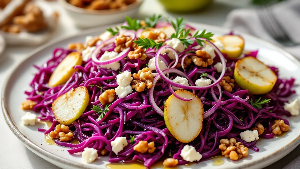 Warmer Rotkohlsalat mit Birne, Walnuss und Ziegenkäse