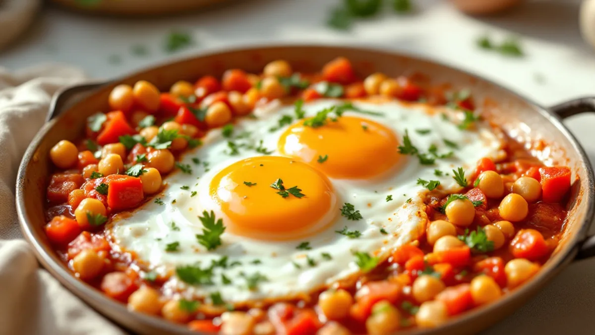 Začinjena shakshuka sa slanutkom, poširanim jajetom i peršinom