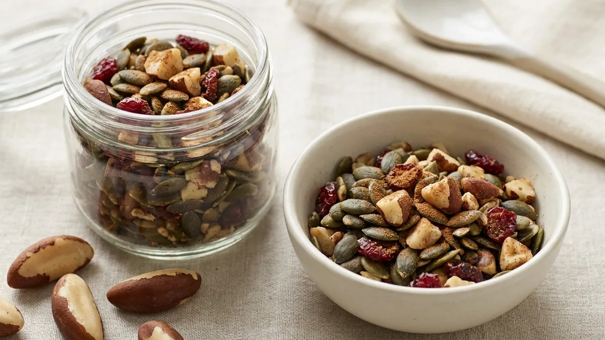 Zink-Booster-Snack aus gerösteten Kürbiskernen, Paranüssen und Cranberries — Glas und Schale mit Kürbiskernen, gehackten Paranüssen und Cranberries, mit Zimt
