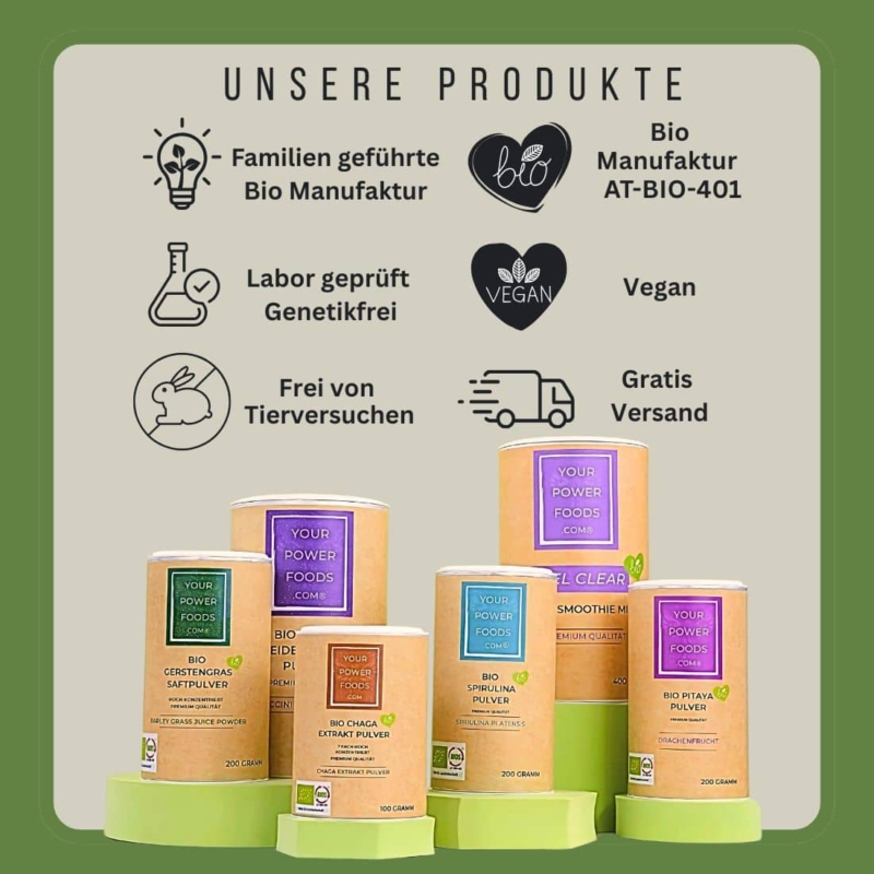 Bio Gerstengras Pulver, Bio Chaga Pulver , Bio Dulse Flocken, Bio Heidelbeeren Pulver , Bio Pitaya Pulver, Bio Spirulina Pulver, Feel Clear, MSM Pulver - Premium Qualität