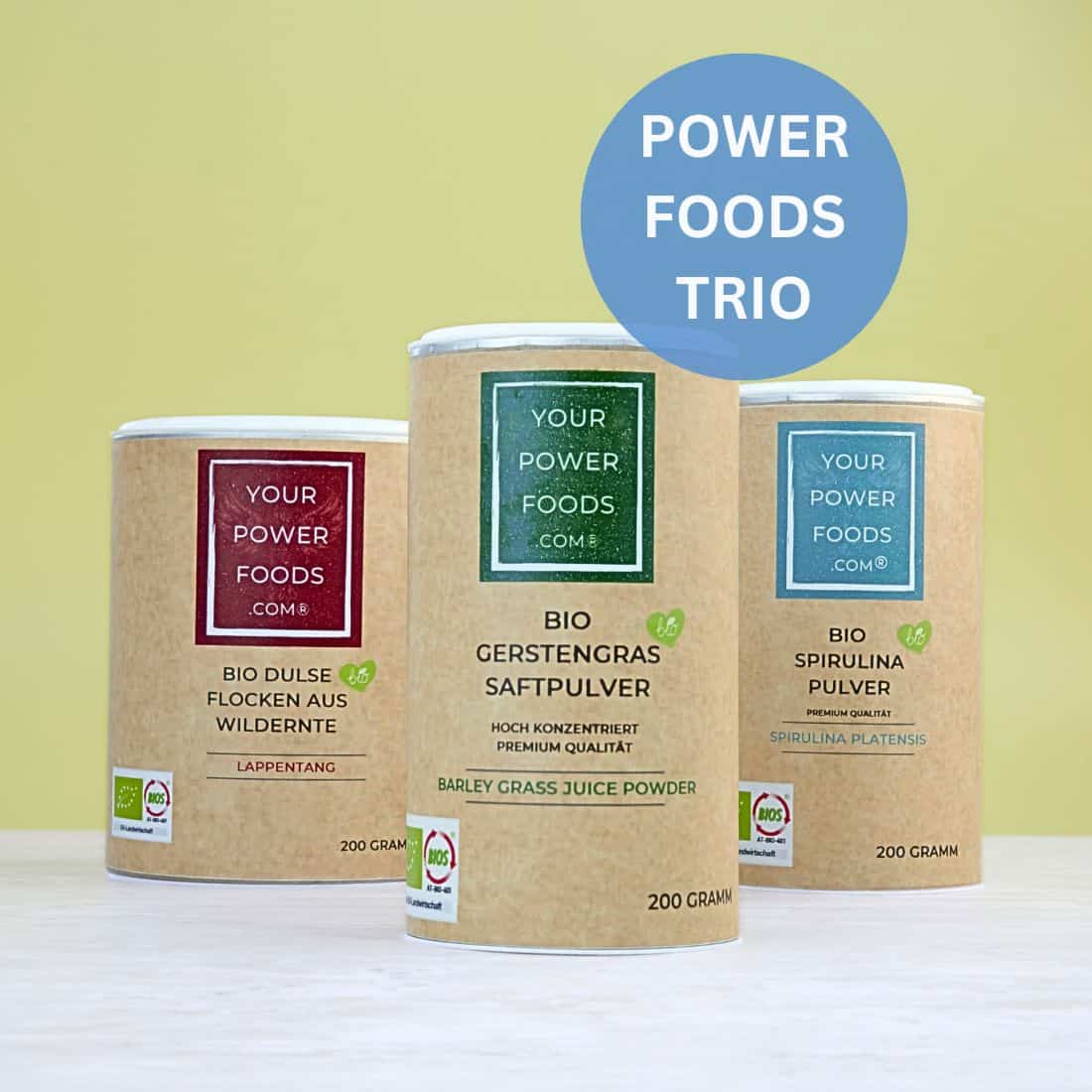 Power Foods Trio - organická spirulina, vločky Dulse a jačmenná tráva v súprave