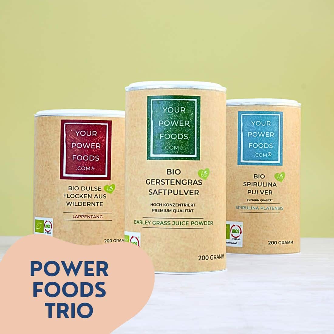 Power Foods Trio - Spirulina biologica, Dulse, Fiocchi, Erba d'orzo in un set